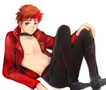  archer archer_(cosplay) bad_id bad_pixiv_id brown_eyes collar cosplay emiya_shirou fate/extra fate/extra_ccc fate/stay_night fate_(series) jacket leather leather_pants maa_(29kuu) male_focus open_clothes open_shirt pants red_hair red_jacket shirt solo 