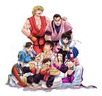  5boys age_regression bare_shoulders barefoot baseball_cap bent_over black_hair blonde_hair blue_sailor_collar blush boots bracelet braid bridal_gauntlets brown_hair bun_cover child china_dress chinese_clothes chun-li double_bun dougi dress drill_hair dudou earrings eyebrows f-15jrs fingerless_gloves gloves halter_top halterneck han_juri hands_on_own_knees hat headband hibiki_dan highres indian_style jewelry kasugano_sakura ken_masters kneeling licking_lips multiple_boys multiple_girls muscle nail_polish pantyhose pelvic_curtain poking ponytail purple_eyes ryuu_(street_fighter) sailor_collar shoes short_hair single_braid sitting sitting_on_lap sitting_on_person sneakers spiked_bracelet spikes street_fighter street_fighter_iv_(series) sweatdrop tears thick_eyebrows toenail_polish tongue tongue_out twin_drills yang_lee younger yun_lee 