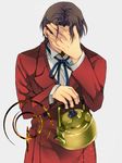  brown_hair command_spell covering_face facepalm facial_hair fate/zero fate_(series) formal goatee kettle male_focus nishi_juuji simple_background solo suit toosaka_tokiomi 