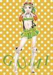  bad_id bad_pixiv_id boots breasts character_name goggles goggles_on_head green_eyes green_hair gumi headphones jacket megpoid_(vocaloid3) midriff navel one_eye_closed orange_background polka_dot polka_dot_background riff_(artist) short_hair skirt small_breasts smile solo suspenders underboob vocaloid 