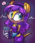  &hearts; beverage breasts c: clothed clothing cute female fur green_eyes hair midriff mina_mongoose mongoose navel purple_hair sega smile sonic_(series) tail vaporotem yellow yellow_fur 