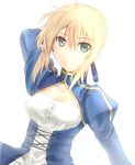  ahoge artoria_pendragon_(all) bad_id bad_pixiv_id blonde_hair breasts cleavage dress fate/stay_night fate/zero fate_(series) green_eyes long_hair looking_at_viewer medium_breasts ponytail roten_(rotenburo) saber smile solo 