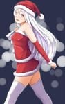  albino bare_shoulders blush detached_sleeves hat long_hair open_mouth original pinkwaters red_eyes sack santa_costume santa_hat solo thighhighs white_hair white_legwear 