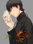  assassin_(fate/zero) brown_eyes brown_hair command_spell cross fate/zero fate_(series) kotomine_kirei male_focus mask nishi_juuji profile simple_background solo 