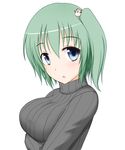  blue_eyes breasts commentary_request daiyousei edamame_(barium) green_hair hair_ornament medium_breasts open_mouth ribbed_sweater side_ponytail simple_background snowman_hair_ornament solo sweater touhou white_background 