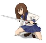  brown_eyes brown_hair colorfag colorized long_hair loose_socks original sai_(bankoru) school_uniform serafuku skirt socks solo squatting sword weapon 