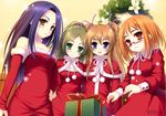  bare_shoulders blue_eyes blush brown_eyes brown_hair choker christmas dress flower gift glasses green_eyes hair_bobbles hair_ornament half_updo houjou_hibiki kurokawa_eren long_hair minamino_kanade multiple_girls pom_pom_(clothes) precure purple-framed_eyewear purple_hair red_dress santa_costume seiren_(suite_precure) shirabe_ako short_hair suite_precure two_side_up vivi_tong wreath yellow_background yellow_eyes 