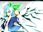  alternate_costume blue_eyes blue_hair bow cirno hair_bow ice ice_wings jewelry long_hair necklace older potato_pot smile solo thumbs_up touhou wings 