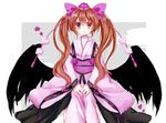  bad_id bad_pixiv_id black_wings brown_eyes brown_hair dress hair_ribbon hat hat_ribbon himekaidou_hatate japanese_clothes kimono kourindou_tengu_costume long_hair long_sleeves low_wings obi open_mouth pink_dress ribbon sash solo touhou uiroutsuji_yumihiko v_arms wings 