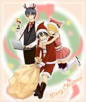  2boys bell belt black_hair blonde_hair blue_eyes blush boots brown_eyes christmas closed_eyes computer fujisaki_yuusuke gloves hat heart highres holding laptop merry_christmas midriff multiple_boys navel onizuka_hime open_mouth polka_dot red_legwear sack santa_costume santa_hat short_hair shorts sket_dance skirt thighhighs usui_kazuyoshi 