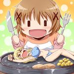  &gt;_&lt; blonde_hair blue_panties bra breasts brown_hair closed_eyes food fork hair_ornament hidamari_sketch holding holding_fork in_food knife large_breasts maru_takeo minigirl miyako multiple_girls navel panties plate role_reversal saliva training_bra underwear underwear_only vore yuno ||_|| 