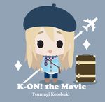  aircraft airplane argyle argyle_scarf arms_at_sides artist_request bag beret blonde_hair character_name chibi copyright_name directional_arrow eyebrows flat_color hat k-on! k-on!_movie kotobuki_tsumugi long_hair non-web_source scarf shoulder_bag simple_background solo standing suitcase travel winter_clothes 