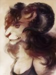  2018 anthro black_hair black_nose brown_eyes chimera curved_horn digital_media_(artwork) feline female hair hybrid mammal ravoilie simple_background solo 