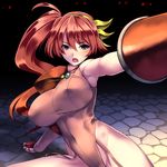  aisha_(queen's_axe) bare_shoulders blue_eyes blush breasts covered_nipples gloves groin hairband highleg highleg_leotard highres jewelry large_breasts leotard open_mouth orange_hair orange_leotard queen's_axe side_ponytail sleeveless solo tro turtleneck 