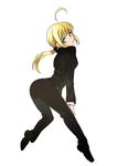  ahoge artoria_pendragon_(all) ass bad_id bad_pixiv_id blonde_hair blush fate/zero fate_(series) formal green_eyes long_hair maccyman pant_suit ponytail saber solo suit 