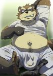  //?l&brvbar;l&brvbar; anthro arms_behind_head balls biceps big_balls black_fur brown_fur bulge chubby claws clothing dirty dirty_feet drooling fur grin hindpaw looking_at_viewer male mammal navel nor3_(pixiv) pants paws plain_background raccoon rape_face saliva shirt sitting solo sweat teeth toes undressing 