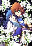  aqua_eyes blue_hair closed_eyes earrings flower gloves holding_hands jewelry keele_zeibel lily_(flower) male_focus multiple_boys red_hair rid_hershel tales_of_(series) tales_of_eternia tsubasam 