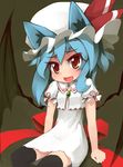  adapted_costume animal_ears bad_id bad_pixiv_id bat_wings black_legwear blue_hair blush cat_ears dress fang hat highres kemonomimi_mode open_mouth orange_eyes remilia_scarlet short_hair sitting smile solo sorrau thighhighs touhou wings zettai_ryouiki 