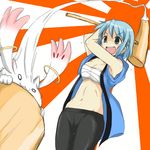  alternate_costume bad_id bad_pixiv_id bike_shorts blue_eyes blue_hair empty_eyes food hair_ornament hairclip hammer kine kyubey mahou_shoujo_madoka_magica mallet midriff miki_sayaka mochi mochitsuki navel neko-takosu new_year open_mouth rising_sun sarashi short_hair smile sunburst wagashi 