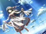  absurdres barefoot blush bracelet braid brown_hair cloud copyright_request day dress green_eyes happy highres jewelry light_rays long_hair outdoors ribbon sky solo sunbeam sunlight wallpaper water yuuki_tatsuya 