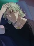  barnaby_brooks_jr blonde_hair chinacamen green_eyes hand_in_hair hand_on_forehead jewelry male_focus necklace no_eyewear shirt solo t-shirt tears tiger_&amp;_bunny wavy_mouth 