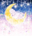  abstract closed_eyes crescent_moon dress frills highres jewelry lights long_hair mirusa moon necklace original petals signature silver_hair sky sleeping smile solo star star_(sky) starry_sky 