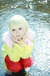  1girl barefoot coat cosplay hanabi_(model) naruto naruto:_the_movie naruto_shippuuden photo shion_(naruto) solo squatting water 