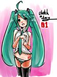  ahoge aqua_eyes aqua_hair bare_shoulders black_legwear blush eu03 halter_top halterneck hatsune_miku long_hair midriff necktie no_pants panties sketch solo striped striped_panties thighhighs twintails underwear very_long_hair vocaloid 