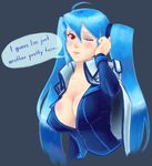  ahoge aqua_hair blush breasts cleavage covered_nipples english eyelashes ian_chase jacket large_breasts luthica_preventer one_eye_closed open_clothes open_jacket red_eyes simple_background solo speech_bubble sword_girls twintails upper_body 