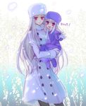  bad_id bad_pixiv_id boots coat fate/zero fate_(series) forest fur_hat hat holding illyasviel_von_einzbern irisviel_von_einzbern kumoya_yukio long_hair mother_and_daughter multiple_girls nature pantyhose purple_footwear purple_hat red_eyes snow snowing translated waving white_hair 