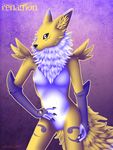  breasts canine claws digimon facial_markings female fox fur gloves hand_on_hip jackie_roberts mammal markings naturally_censored neck_ruff purple_background purple_eyes renamon small_breasts solo tail white white_fur yellow yellow_fur 