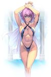  armpits arms_up bikini blue_eyes breasts cleavage criss-cross_halter curvy demons_code fighter_(demons_code) groin halter_top halterneck highleg highleg_swimsuit holding homare_(fool's_art) large_breasts navel outstretched_arms pillar pink_hair short_hair slingshot_swimsuit smile solo swimsuit tattoo towel 