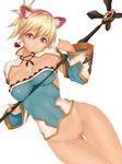  animal_ears blonde_hair bottomless breasts cat_ears fantasy_earth_zero highres medium_breasts pussy red_eyes short_hair solo staff toshi_makoto 
