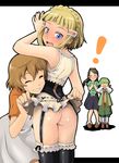  3girls ass back blonde_hair blue_eyes blush casual covering_eyes covering_mouth fam_fan_fan full-face_blush giselle_collette_vingt last_exile last_exile:_gin'yoku_no_fam millia_il_velch_cutrettola_turan multiple_girls teddy_(last_exile) thighhighs yunsuku 