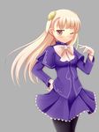  1girl blonde_hair blush bow breasts capcom capcom_fighting_evolution capcom_fighting_jam dress gloves godharo1 hairpods hand_on_hip highres hips ingrid long_hair pantyhose red_eyes solo wink 