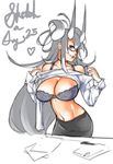  bra breasts cleavage eu03 glasses groin horns large_breasts lingerie long_hair midriff miniskirt mole mole_under_mouth navel office_lady original pencil_skirt shirt silver_hair skirt slender_waist solo tsunoko underwear undressing 