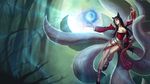  1girl ahri animal_ears black_hair fox fox_ears fox_girl fox_tail fur kitsune league_of_legends long_hair magic multiple_tails nine_tail_fox tail 