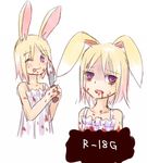  :p animal_ears blonde_hair blood bunny_ears child dreamrabbit dress flat_chest holding knife looking_at_viewer lowres short_hair simple_background stain tongue tongue_out wink yuyuzuki_(yume_usagi) 