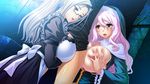  2girls asagiri_toyoe breast_press breasts huge_breasts kugano_shizume kyonyuu_majo maid multiple_girls nipples nun paizuri penis pink_hair silver_hair waffle 