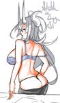  ass back bra breasts dimples_of_venus eu03 g-string glasses horns large_breasts lingerie long_hair miniskirt mole mole_under_mouth off_shoulder office_lady original panties sideboob silver_hair skirt solo strap_slip thong tsunoko underwear undressing 