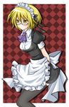  apron bad_id bad_pixiv_id black_legwear blonde_hair blush dress glasses hair_ribbon maid maid_headdress original ribbon solo sweatdrop syno thighhighs yellow_eyes 