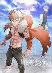  2boys 55level alternate_costume angry bakugou_katsuki bare_chest belt blonde_hair blue_jacket boku_no_hero_academia boots brown_belt brown_legwear cape cloud cloudy_sky commentary_request day detached_sleeves earrings elbow_sleeve full_body fur-trimmed_boots fur-trimmed_cape fur_trim highres jacket jewelry long_sleeves multicolored_hair multiple_boys muscle necklace orange_sleeves outdoors pants red_hair shirt short_hair shoulder_tattoo sky sleeveless sleeveless_jacket spiked_hair standing tattoo title todoroki_shouto torn_clothes two-tone_hair v-shaped_eyebrows white_footwear white_hair white_legwear white_shirt 