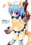  ahoge animal_ears bad_id bad_pixiv_id blue_hair boots dog_ears dress elin_(tera) emily_(pure_dream) fang gloves purple_eyes smile striped striped_legwear tail tera_online thighhighs twintails v weapon 