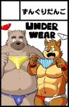  blue_underwear blush briefs bulge canid canine canis clothing domestic_dog duo english_text japanese_text kenta_shiba_(character) male mammal purple_underwear red_underwear shiba-kenta striped_underwear text underwear white_underwear yellow_underwear 