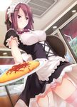  absurdres breasts copyright_request dutch_angle food garter_straps highres ichikawa_noa large_breasts omurice panties pantyshot solo striped striped_panties thighhighs tray underwear waitress 