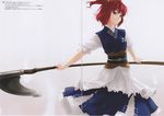  absurdres hair_bobbles hair_ornament highres onozuka_komachi red_eyes red_hair rokuwata_tomoe scan scythe short_hair simple_background solo touhou two_side_up 
