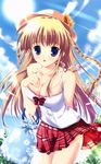  :d artist_request bag blonde_hair blue_eyes braid breasts casual cleavage cloud copyright_request day flower halterneck hat hat_flower highres large_breasts long_hair open_mouth skirt sky sleeveless smile solo sun sunflower 