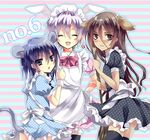  1girl 2boys absurdres animal_ears apron blue_eyes blue_hair broom brown_eyes brown_hair crossdress crossdressing highres inukashi long_hair lyric lyric_(hina9111) maid maid_apron maid_headdress multiple_boys nezumi nezumi_(no.6) no.6 shion_(no.6) short_hair tail trap 