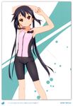 2011 absurdres armpits arms_up bare_shoulders bike_shorts black_hair brown_eyes casual dated errant feet_out_of_frame highres k-on! long_hair nakano_azusa official_style scan signature smile solo stretch twintails 