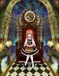  absurdres bad_id bad_pixiv_id blue_eyes book book_stack brown_hair checkered checkered_floor clock crown dress frills gothic_lolita highres kooten_bergh_no_youhei lolita_fashion long_hair original ornate shoes single_shoe sitting solo star_(sky) throne when_you_see_it winding_key 